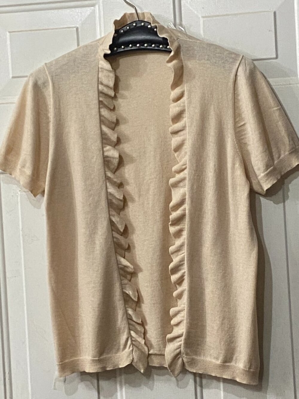 J.Crew Sz M Knit Open Ruffle Cardigan Short Sleeve Light Beige Cotton/Cashmere